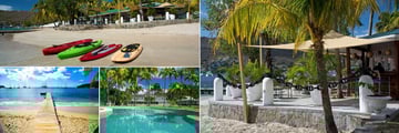 Bequia Plantation Hotel, (clockwise from top left): Kayaks in Front of Beach Bar, Beach Bar, Pool and Beach