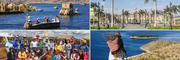 Clockwise from top left: Lake Titicaca, the city of Lima, and visiting locals