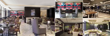 Beverly Hills Marriott, (clockwise from left): Restaurant, Table Set Up, Bar, Marty's Bistro and Corner Pantry