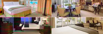 Beverly Hilton, (clockwise from top left): Cabana King Room, Penthouse Suite, Wilshire Studio Suite and Governors Suite