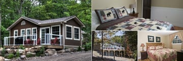 Blue Water Acres Cottage Resort, (clockwise from left): The Algonquin Cottage Exterior, The Hilltop Cattage Bedroom, The Muskokan Cottage Bedroom and Exterior