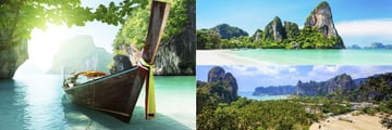 Thai boat in the Andaman Sea & Aerial view over Railay beach and rocks, Krabi