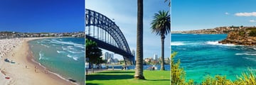 Bondi Beach (left and right), and Sydney Harbour Bridge (middle)