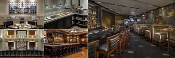 Boston Park Plaza, (clockwise from top left): Breakfast Cafe, Cold Food Station, STRIP by Strega, MJ O' Connor's and Lobby Bar 