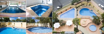 BreakFree Peninsula, (clockwise from top left): Indoor Pool, Spa Pool, Aerial Pool View, Childrens' Pool and Outdoor Pool