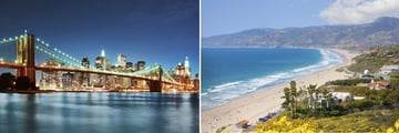 New York Brooklyn Bridge & Malibu Beach in Los Angeles