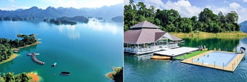 Aerial view of floating bungalows and a floating swimming pool
