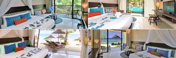 Buri Rasa Village, (clockwise from top left): Deluxe Room, Deluxe Pool Access Room, Ocean Front Deluxe and Rasa Ocean Front Rooms