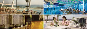 Burj Al Arab Jumeriah, (clockwise from top left): Bab Al Yam, Skyview Bar, Scape Restaurant and Gold on Twenty Seven