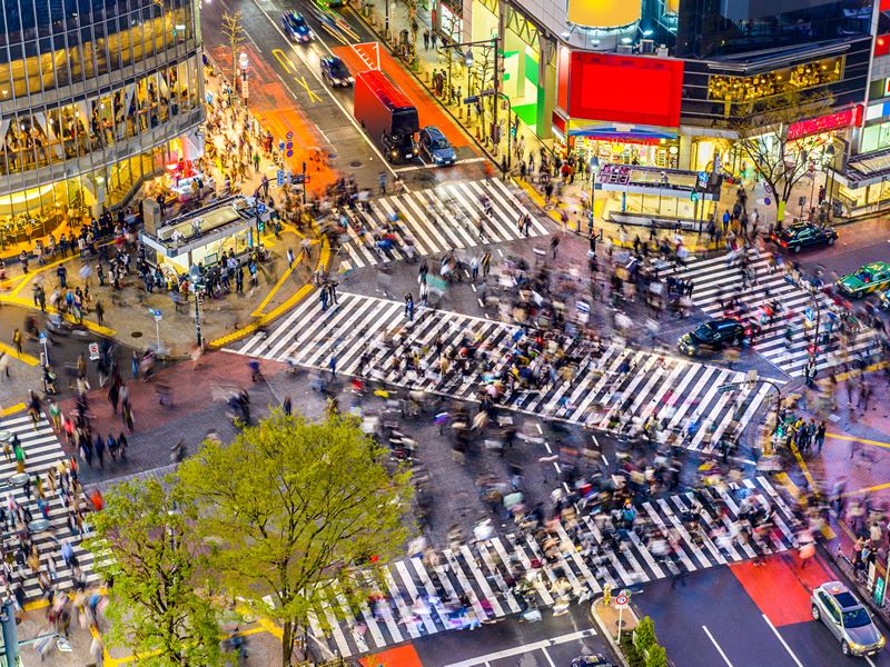 Busy Shibuya crosswalk in Tokyo