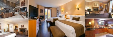 Pocaterra Inn & Waterslide, (clockwise from top left): Lobby, Standard Balcony Room, Executive Suite, Breakfast Area and Standard King Room