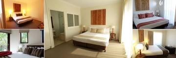 Byron Bay Hotel and Apartments, (clockwise from top left): King Room, King Deluxe Room, Two Bedroom Apartment, Two Bedroom Studio and Three Bedroom Apartment Master Bedrooms
