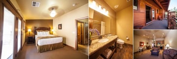 Cable Mountain Lodge, (clockwise from left): Center Suite Bedroom, Bathroom, Balcony, Living and Kitchen Areas