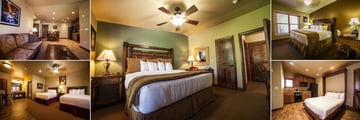 Cable Mountain Lodge, (clockwise from top left): Luxury Suite Living and Kitchen Area, Luxury Suite Bedroom, Classic Suite, Wallbed Suite and Double Studio