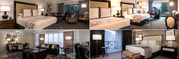 Caesars Palace, (clockwise from top left): Augustus King, Augustus Premium Room, Julius Executive Suite Bedroom and Julius Executive Suite Living Room