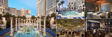 Caesars Palace, (clockwise from left): Neptune Pool, Apollo Pool, Spa, Montecristo Cigar Bar and Caesars Casino