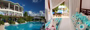 Calabash Cove, Windrush Restaurant (upper level) Swim-Up Suites (lower level) Pool and Swim-Up Pool Bar (left), Swim-Up Suites Interior (right)