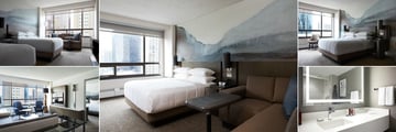 Calgary Downtown Marriott Hotel, (clockwise from top left): Double Room, Premier Suite, Executive King Suite, Bathroom and Premier Suite