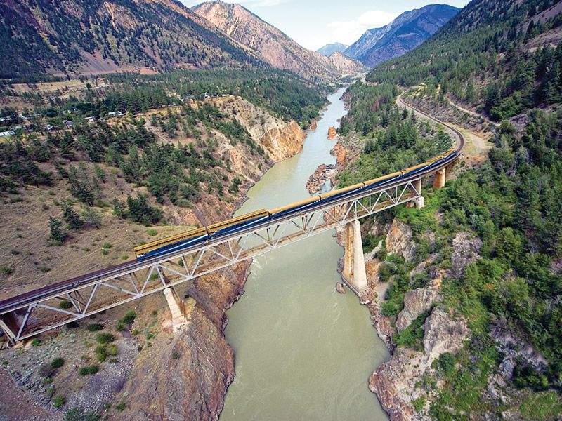 Rocky Mountaineer train crossing the Fraser River in British Columbia