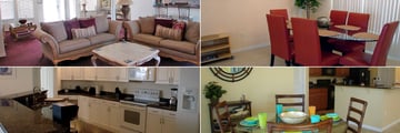 Cape Coral Area Gulf Coast Homes, (clockwise from top left): Living Room, Dining Room, Kitchen Dining Area and Kitchen 