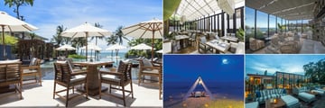 Cape Nidhra, (clockwise from left): The Rocks Restaurant Exterior, Interior, The Rocks Bar Interior, Exterior and Romantic Beach Dining