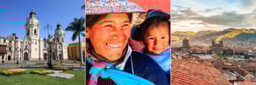 Cathedral of Lima (left), Peruvian woman and her child (middle), and Plaza de Armas in Cusco (right)