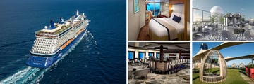 Celebrity Equinox; Aerial view, Veranda State Room, Retreat Sundeck, Passport Bar, The Lawn Club