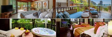 Clockwise from top left: Deluxe Garden View, Premium Deluxe Ocean Facing, Deluxe Ocean Facing and Spa Deluxe Garden Facing at Centara Grand Beach Resort, Krabi