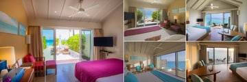 Centara Ras Fushi Resort & Spa, (clockwise from left): Ocean Front Beach Villa, Deluxe Ocean Front Beach Villa, Deluxe Water Villa, Deluxe Sunset Water Villa and Premium Deluxe Spa Water Villa