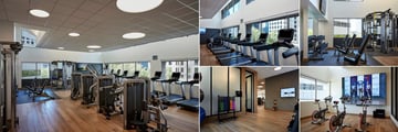 Charlotte Marriott City Center, (clockwise from left): Fitness Centre, Cardio Equipment, Free Weights, Spinning and Stretching Area 