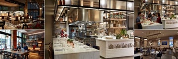 Charlotte Marriott City Center, (clockwise from top left): Stoke Bar, Stoke Dining, Stoke Immersive Kitchen Experience, M Club Lounge and Coco and The Director Seating Area