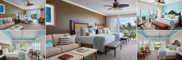 Cheeca Lodge & Spa, (clockwise from top left): Lodge Island View King Suite, Lodge Island View Double Queen Suite, Oceanfront One Bedroom Suite, Golf Course King Guestroom and Resort View Bungalow
