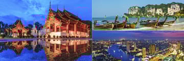 Chiang Mai Wat Phra Sing, Krabi longtail boats and aerial of Bangkok 