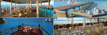 Cinnamon Hakuraa Huraa Maldives, (clockwise from top left): Nalha Falhu Lounge and Bar, Tea Sup Up Experience, Malaafaiy Restaurant and Romantic Dining Experience