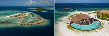 Aerial view of the Water Bungalows and Villas, plus the main pool at Cinnamon Velifushi Maldives