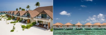 Exterior views of the Beach Bungalows and Water Bungalows at Cinnamon Velifushi Maldives