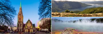 Christchurch (left), Te Anau (top right), and Rotorua (bottom right)