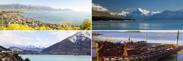 Clockwise from top left: Kaikoura, Mt Cook, Rotorua and Queenstown
