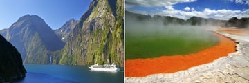 Milford Sound (left), and Wai O'Tapu, Rotorua (right)