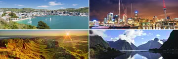 Clockwise from top left: Wellington Bay, Auckland, Milford Sound and Napa Valley