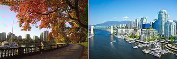 The seawall at Stanley Park, and aerial view of Vancouver