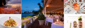 Cobblers Cove, (clockwise from top left): Private Dining, Camelot Restaurant, Cobblers Cooler Cocktail, Seared Tuna and Linguini and Shrimp
