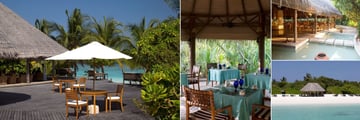 Coco Palm Dhuni Kolhu, (clockwise from left):  Conch Bar, Cornus Restaurant, Cowrie Restaurant and Beach Bar