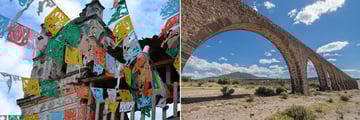 Colourful flags of Mexico City & Teotihuacan Padre Tembleque Aquaduct