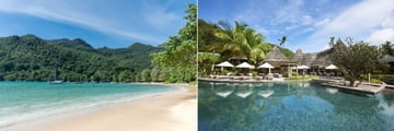Constance Ephelia, Seychelles, Beach and Helios Restaurant and Pool