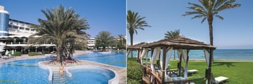 Pool and beach cabanas at Constantinou Bros Athena Beach Hotel