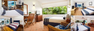 Coral Sea Resort, (clockwise from top left): Spa Suite, Garden View Room, Bay View Suite, Ocean View Room and Two Bedroom Penthouse Bedrooms