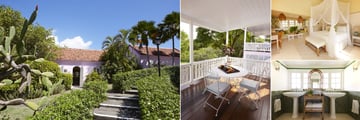 Cotton House, Mustique, (clockwise from left): Cottage Exterior, Balcony, Bedroom and Bathroom