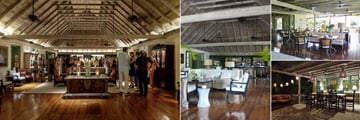 Cotton House, Mustique, (clockwise from left): Great Room Bar, Great Room Seating and Veranda Restaurant