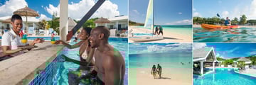 Coyaba, (clockwise from left): Swim Up Bar, Catamaran Trip, Kayaking, Pool and Beach